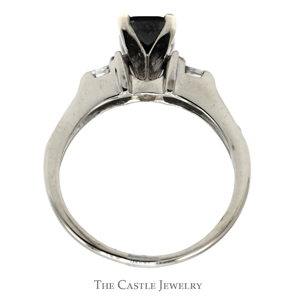 Princess Cut Black Diamond Engagement Ring with Round & Baguette Diamond Accents in 14k White Gold