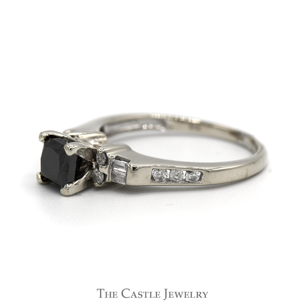 Princess Cut Black Diamond Engagement Ring with Round & Baguette Diamond Accents in 14k White Gold