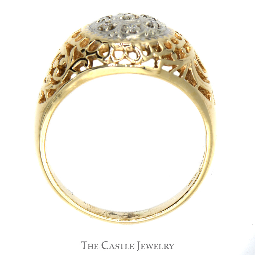 7 Diamond Kentucky Cluster Ring with Filigree Sides in 14k Yellow Gold