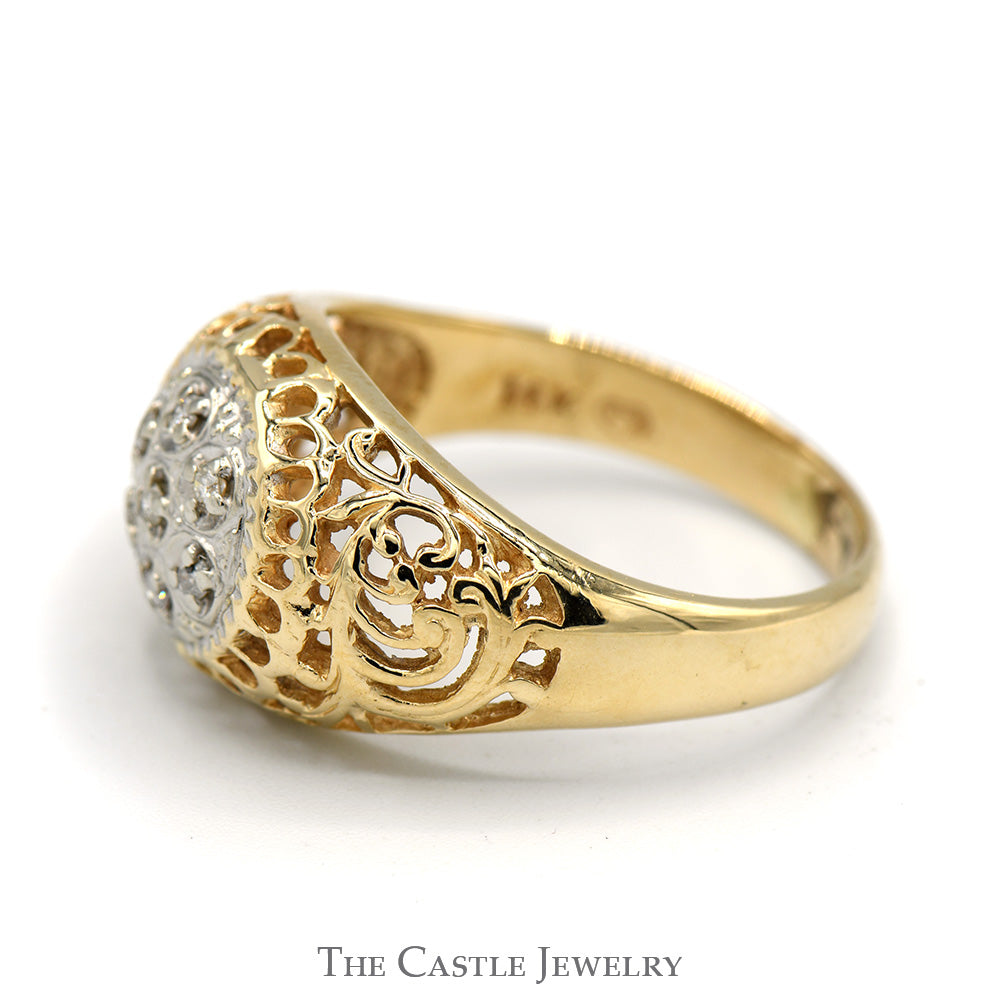7 Diamond Kentucky Cluster Ring with Filigree Sides in 14k Yellow Gold