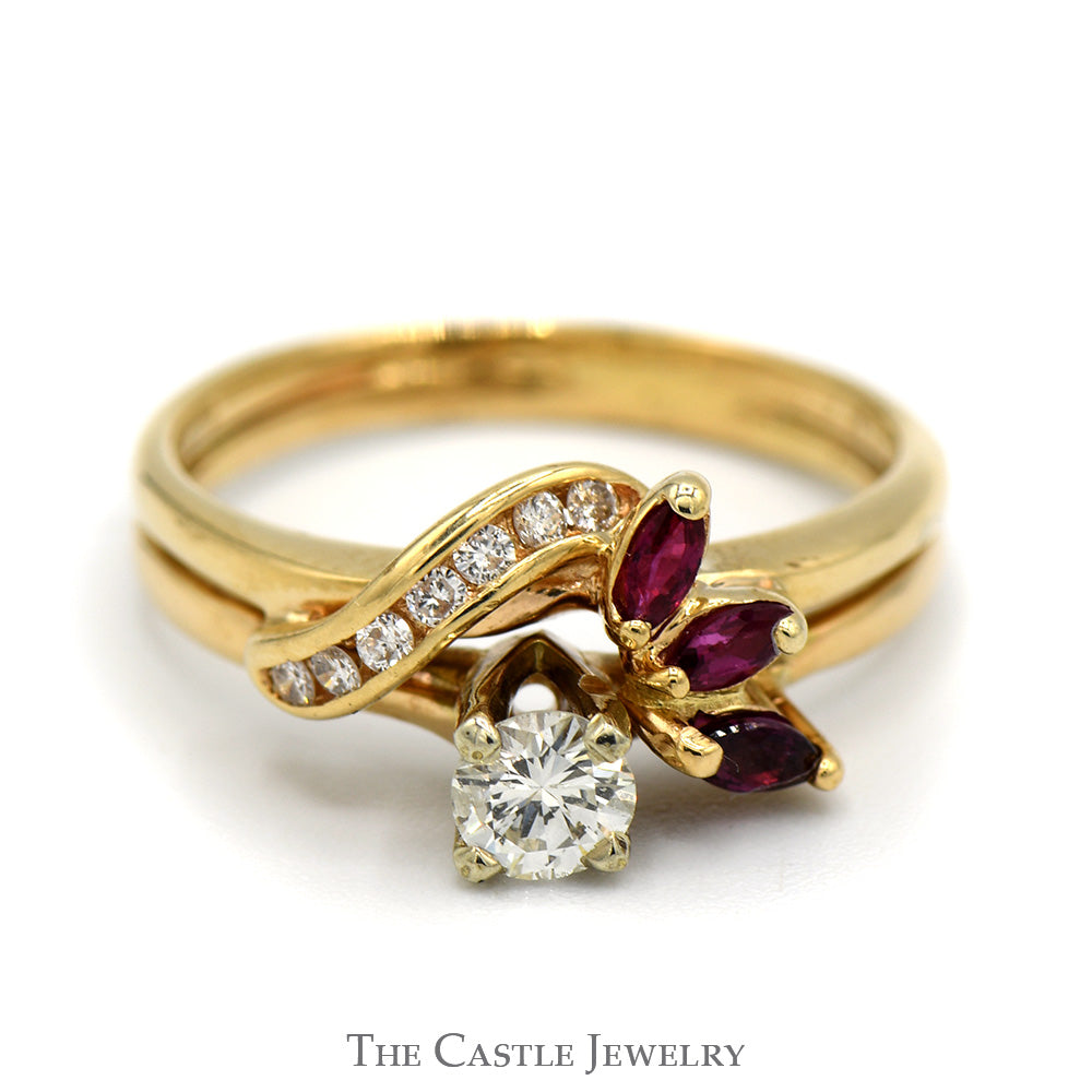 Diamond Solitaire Engagement Ring with Ruby and Diamond Soldered Wrap in 14k Yellow Gold