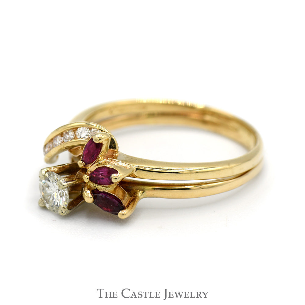 Diamond Solitaire Engagement Ring with Ruby and Diamond Soldered Wrap in 14k Yellow Gold