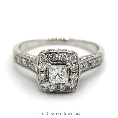 Princess Cut Diamond Engagement Ring with Square Halo and Accented Sides in 14k White Gold Cathedral Mounting