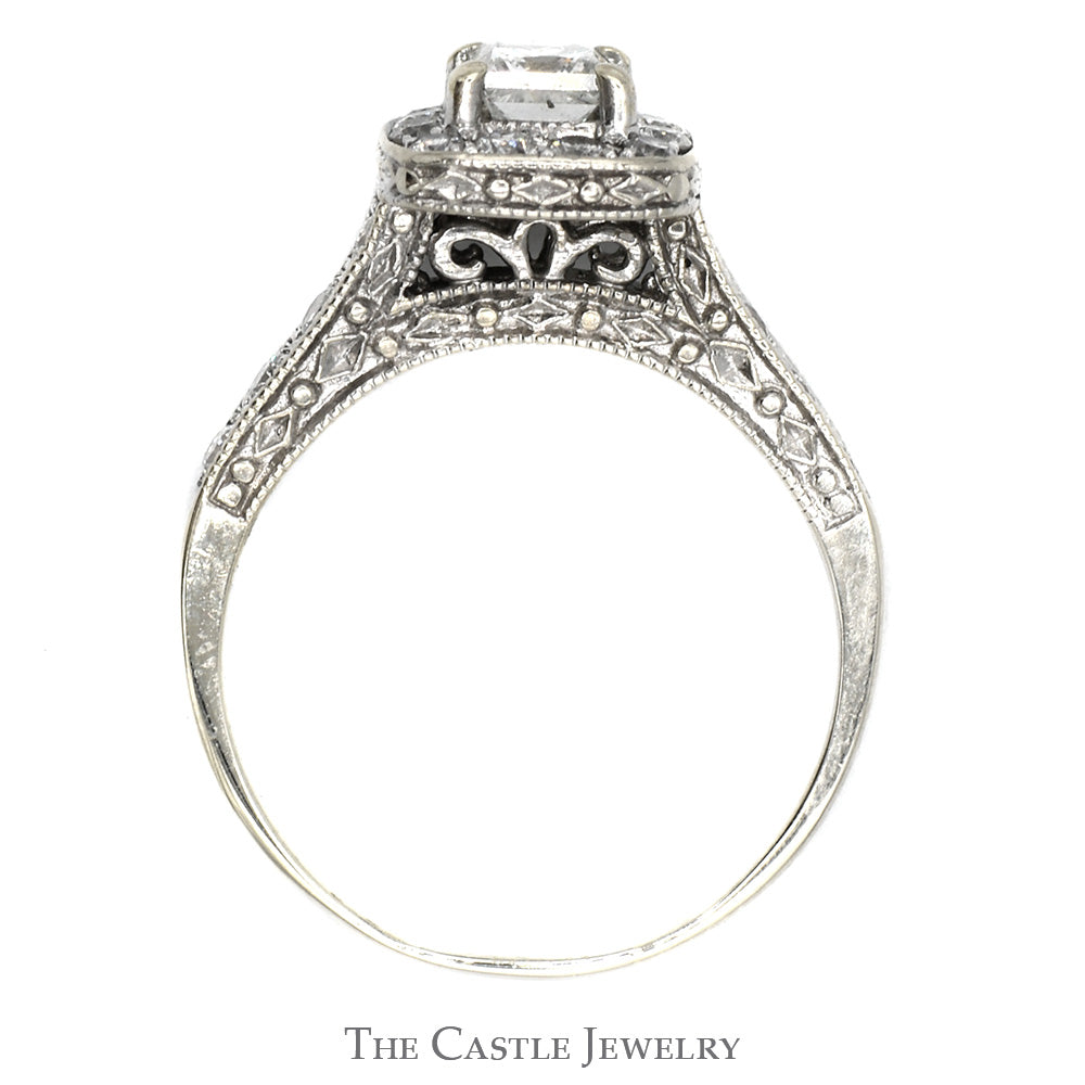Princess Cut Diamond Engagement Ring with Square Halo and Accented Sides in 14k White Gold Cathedral Mounting