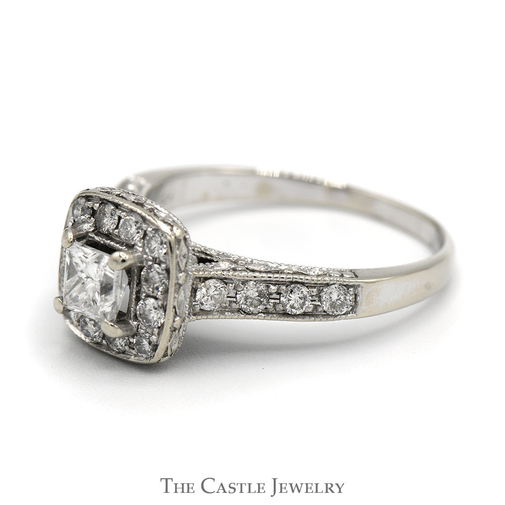 Princess Cut Diamond Engagement Ring with Square Halo and Accented Sides in 14k White Gold Cathedral Mounting