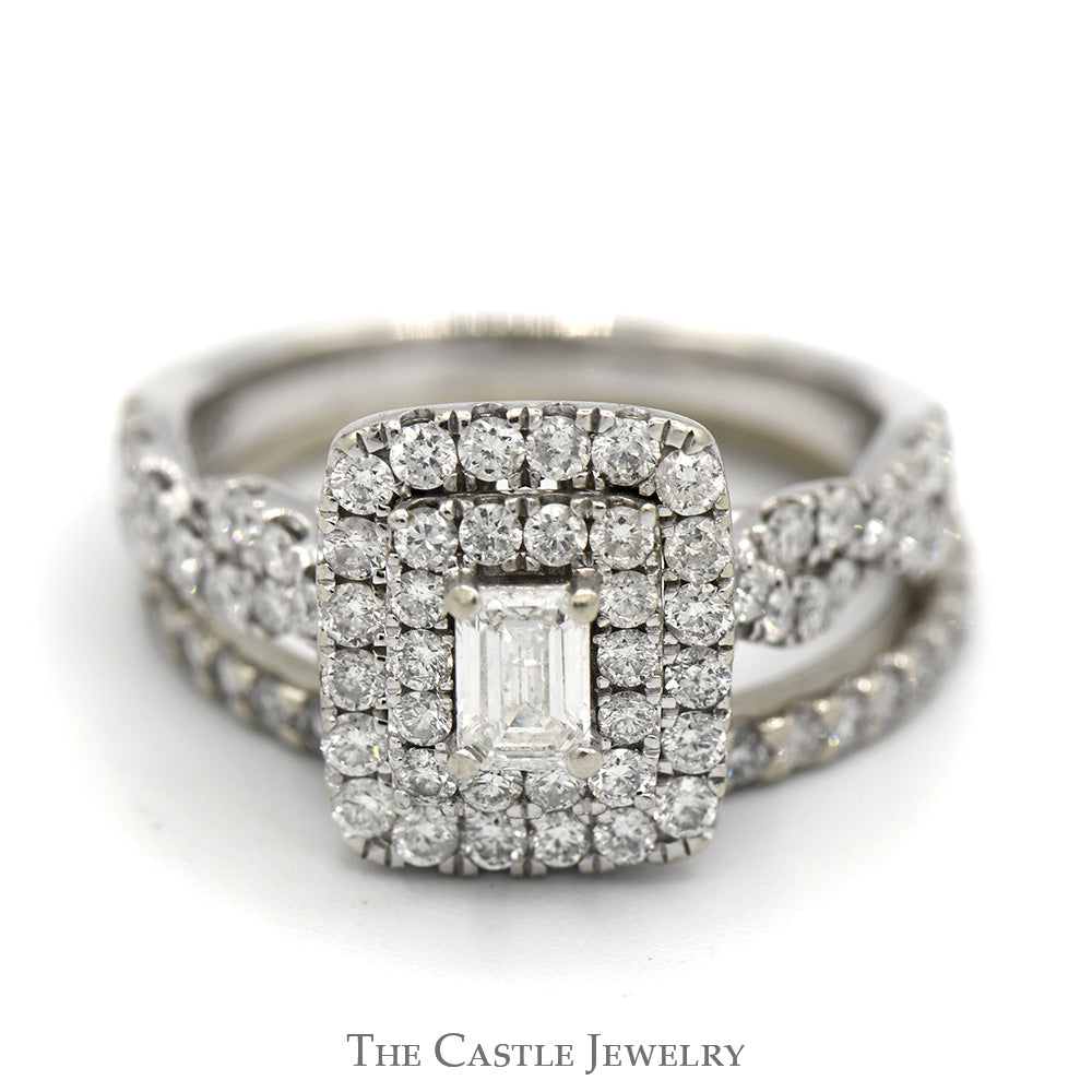 1.5cttw Emerald Cut Diamond Bridal Set with Double Diamond Halo and Accents and Matching Band in 10k White Gold
