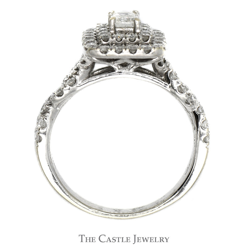 1.5cttw Emerald Cut Diamond Bridal Set with Double Diamond Halo and Accents and Matching Band in 10k White Gold