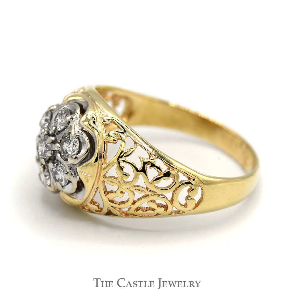7 Diamond Kentucky Cluster Ring with Filigree Sides in 10k Yellow Gold