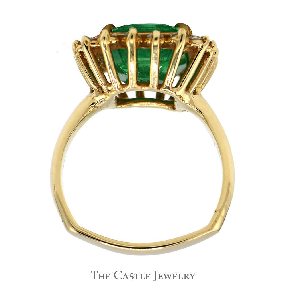 Large Cushion Cut Emerald Ring with Diamond Halo in 14k Yellow Gold