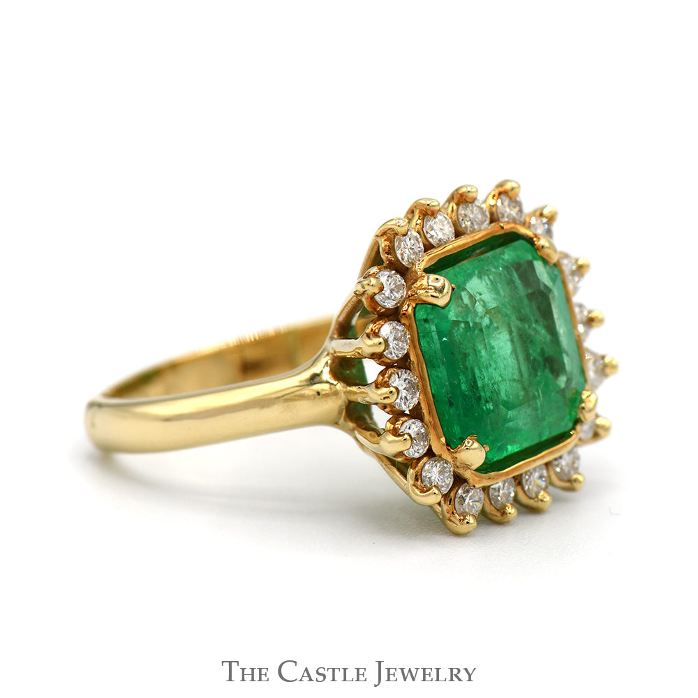 Large Cushion Cut Emerald Ring with Diamond Halo in 14k Yellow Gold