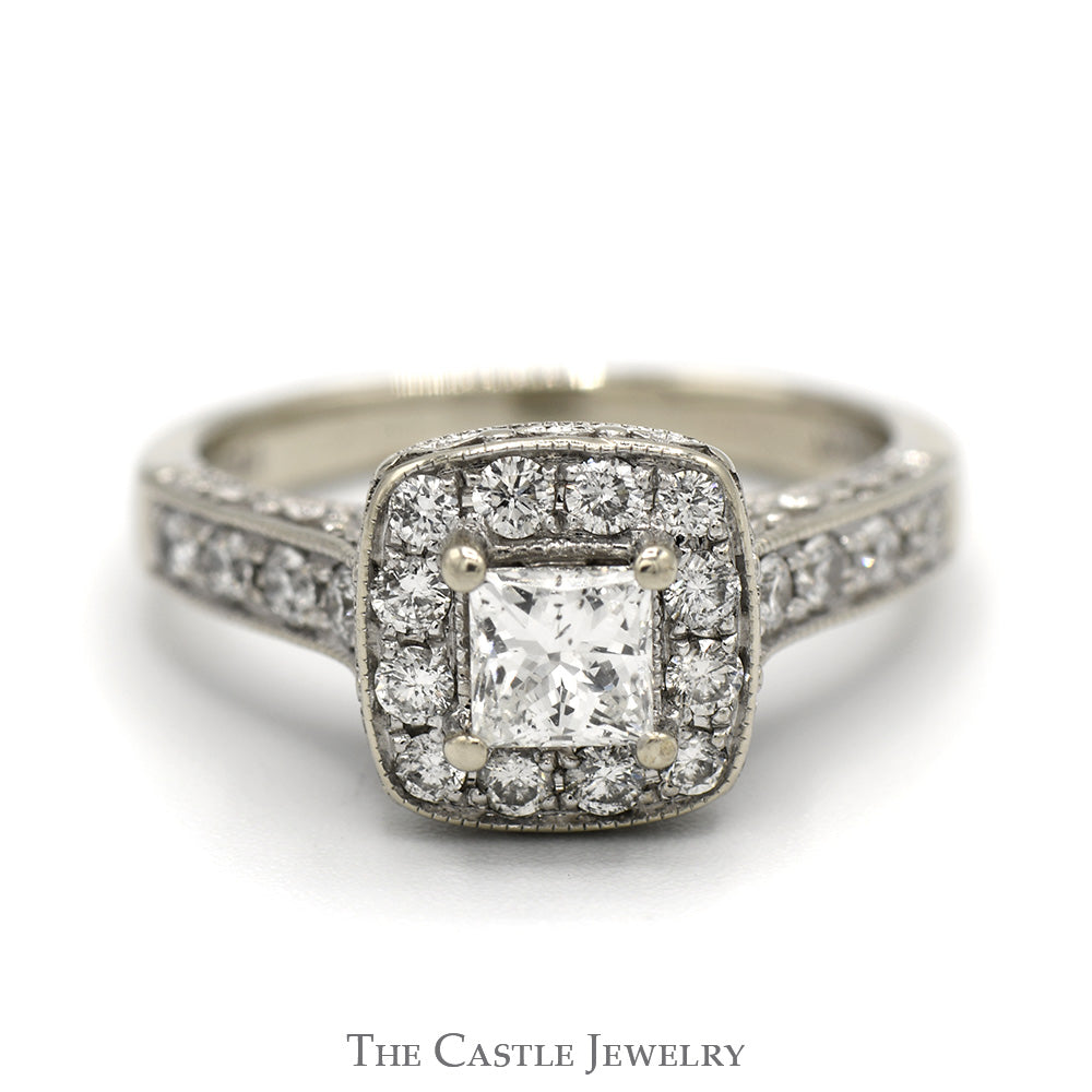 Princess Cut Diamond Engagement Ring with Diamond Halo and Accents in 14k White Gold