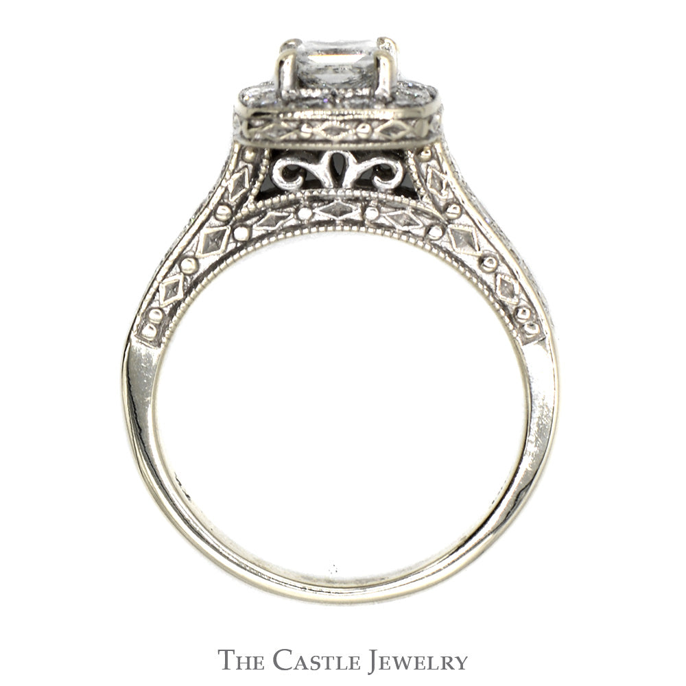Princess Cut Diamond Engagement Ring with Diamond Halo and Accents in 14k White Gold
