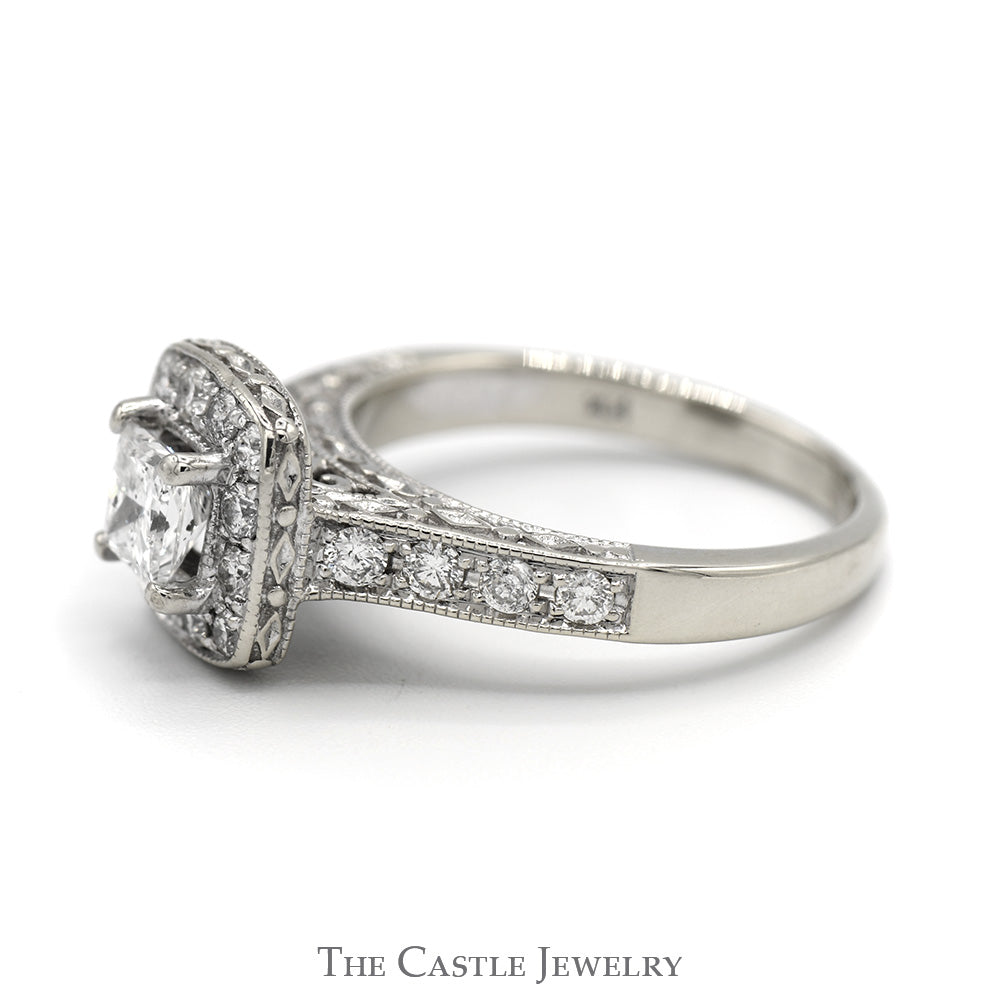 Princess Cut Diamond Engagement Ring with Diamond Halo and Accents in 14k White Gold