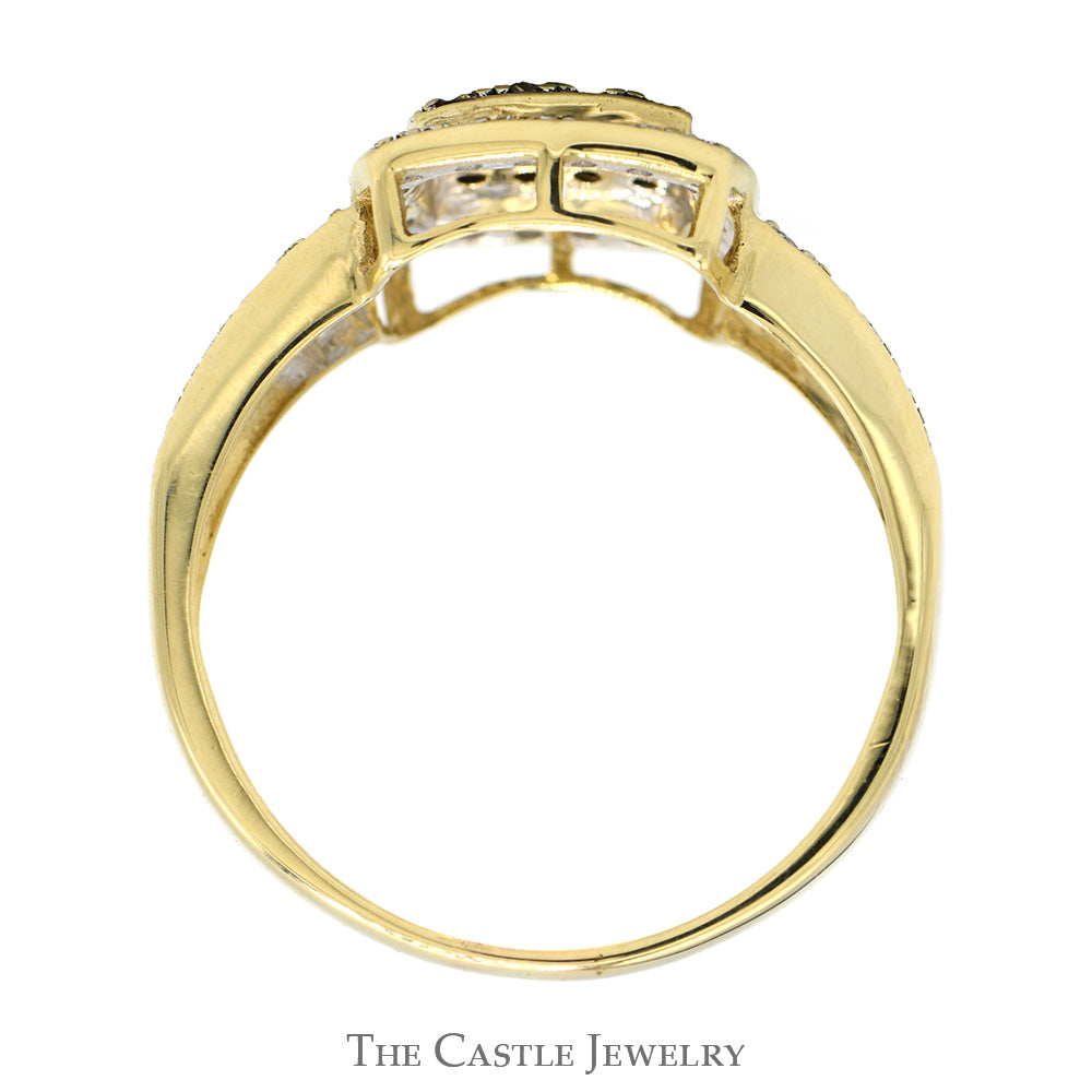 Square Shaped Brown Diamond Cluster Ring with White Diamond Halo & Accented Sides in 10k Yellow Gold