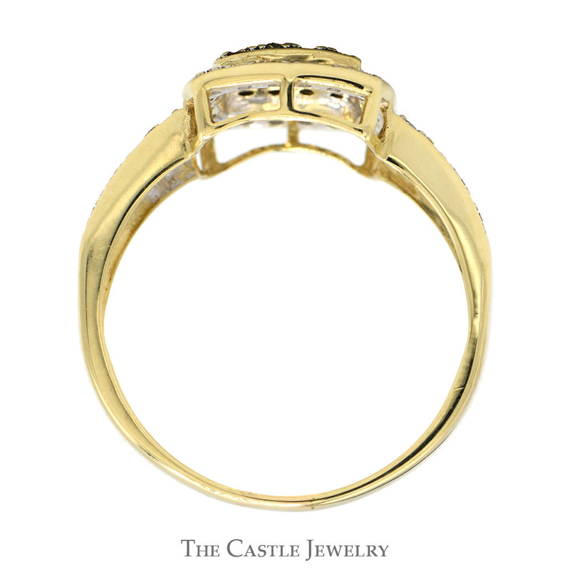 Square Shaped Brown Diamond Cluster Ring with White Diamond Halo & Accented Sides in 10k Yellow Gold