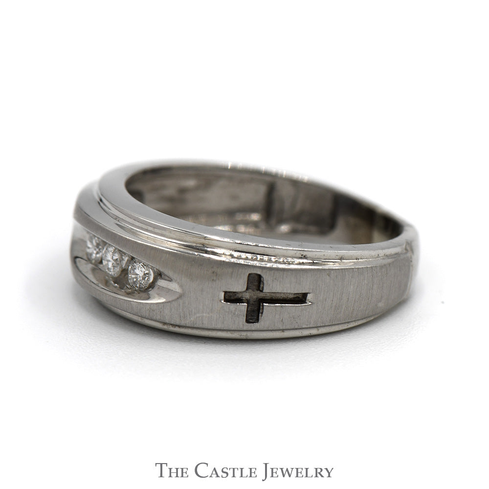 Nick Set Three Stone Diamond Band with Etched Cross Sides in 10k White Gold