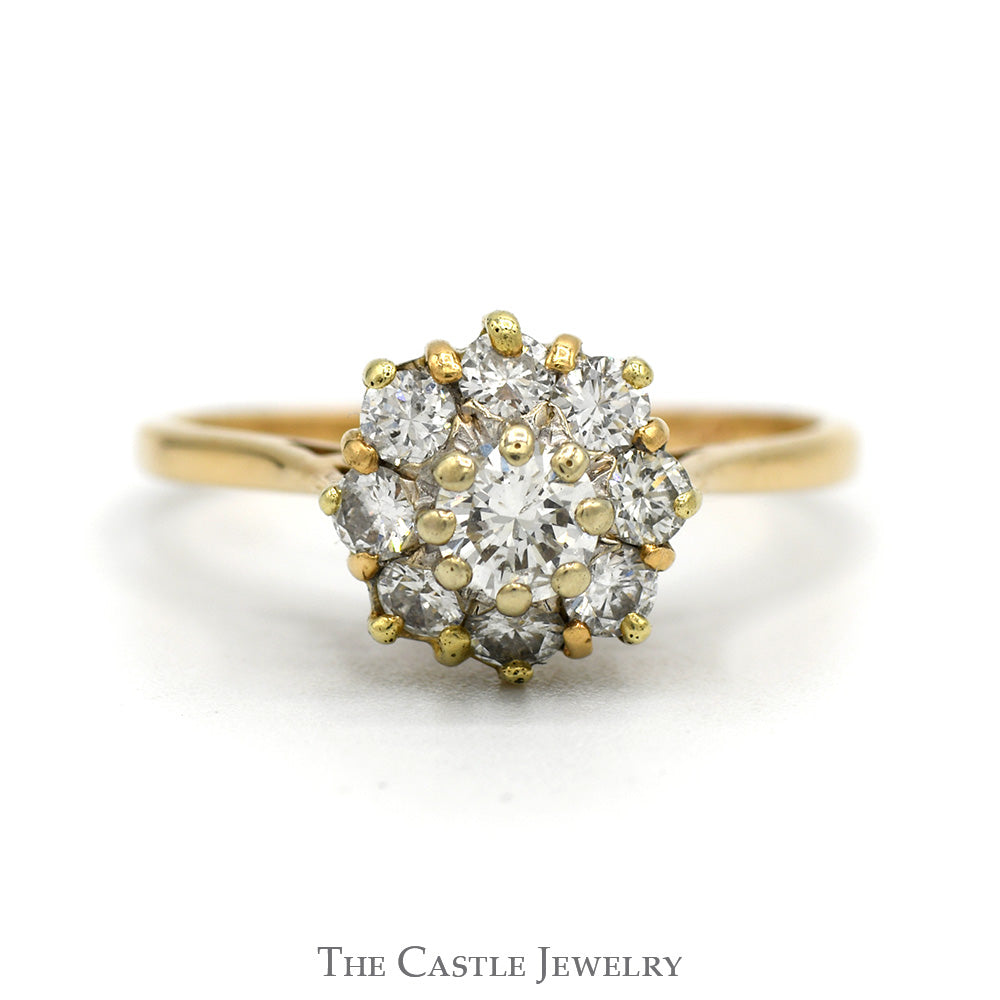 3/4cttw 9 Round Diamond Flower Cluster Ring in 14k Yellow Gold