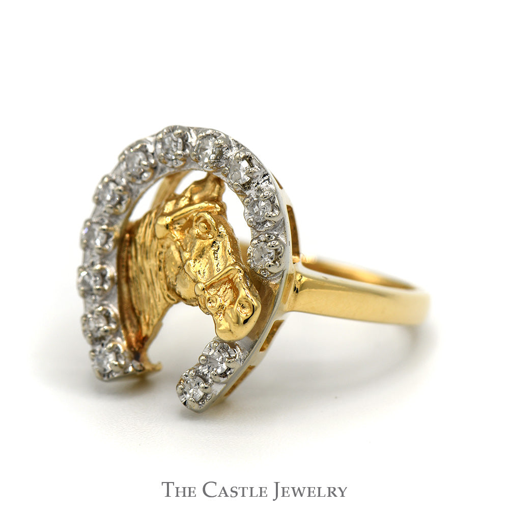 1/4cttw Round Diamond Horseshoe Ring with Horse Head in 14k Yellow Gold