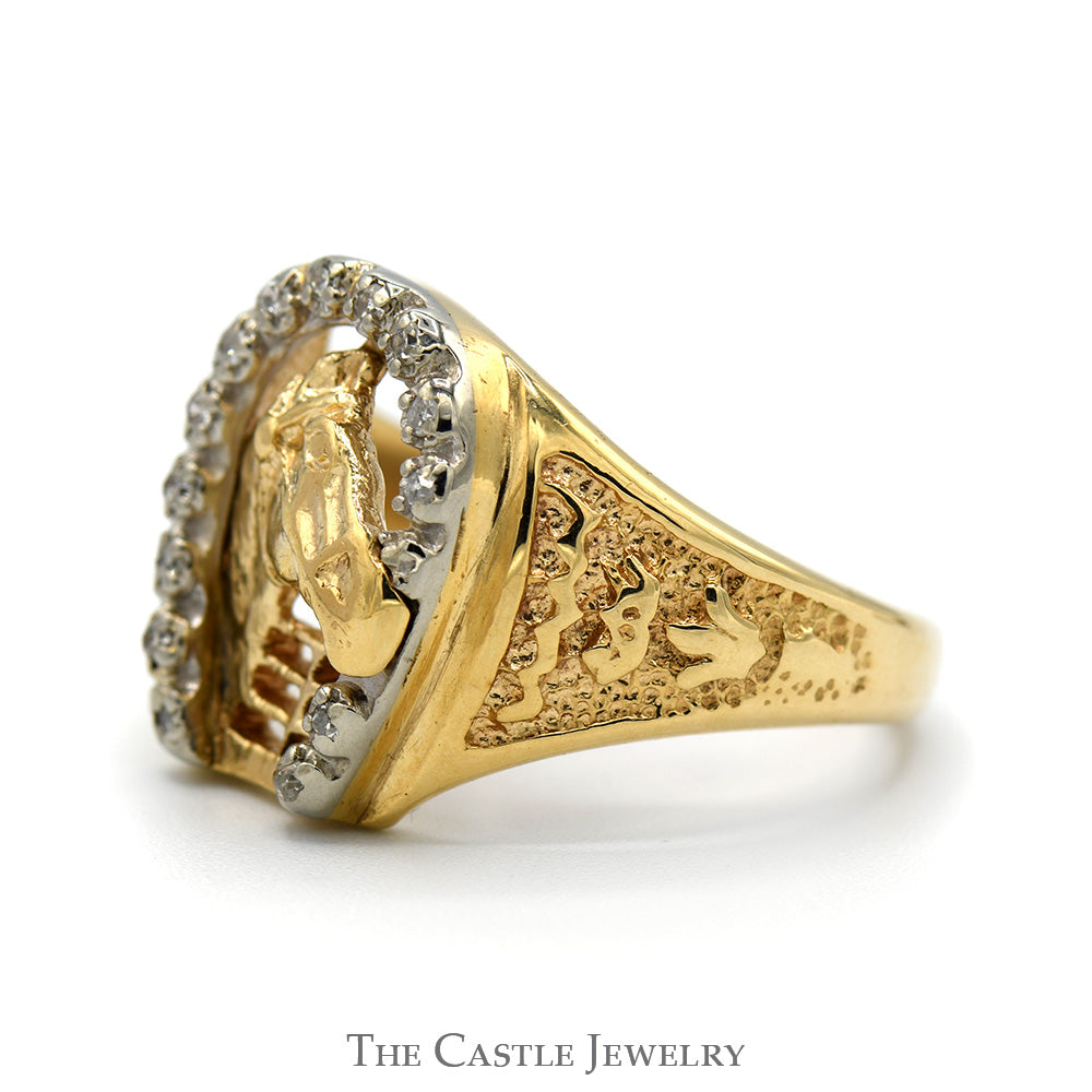 Diamond Accented Horseshoe Ring with Horse Head Center in 10k Yellow Gold