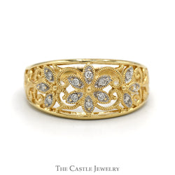 Flower Designed Diamond Cluster Band with Open Filigree Sides in 14k Yellow Gold