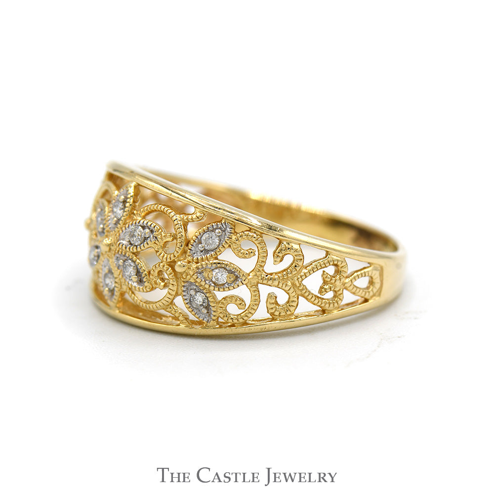 Flower Designed Diamond Cluster Band with Open Filigree Sides in 14k Yellow Gold