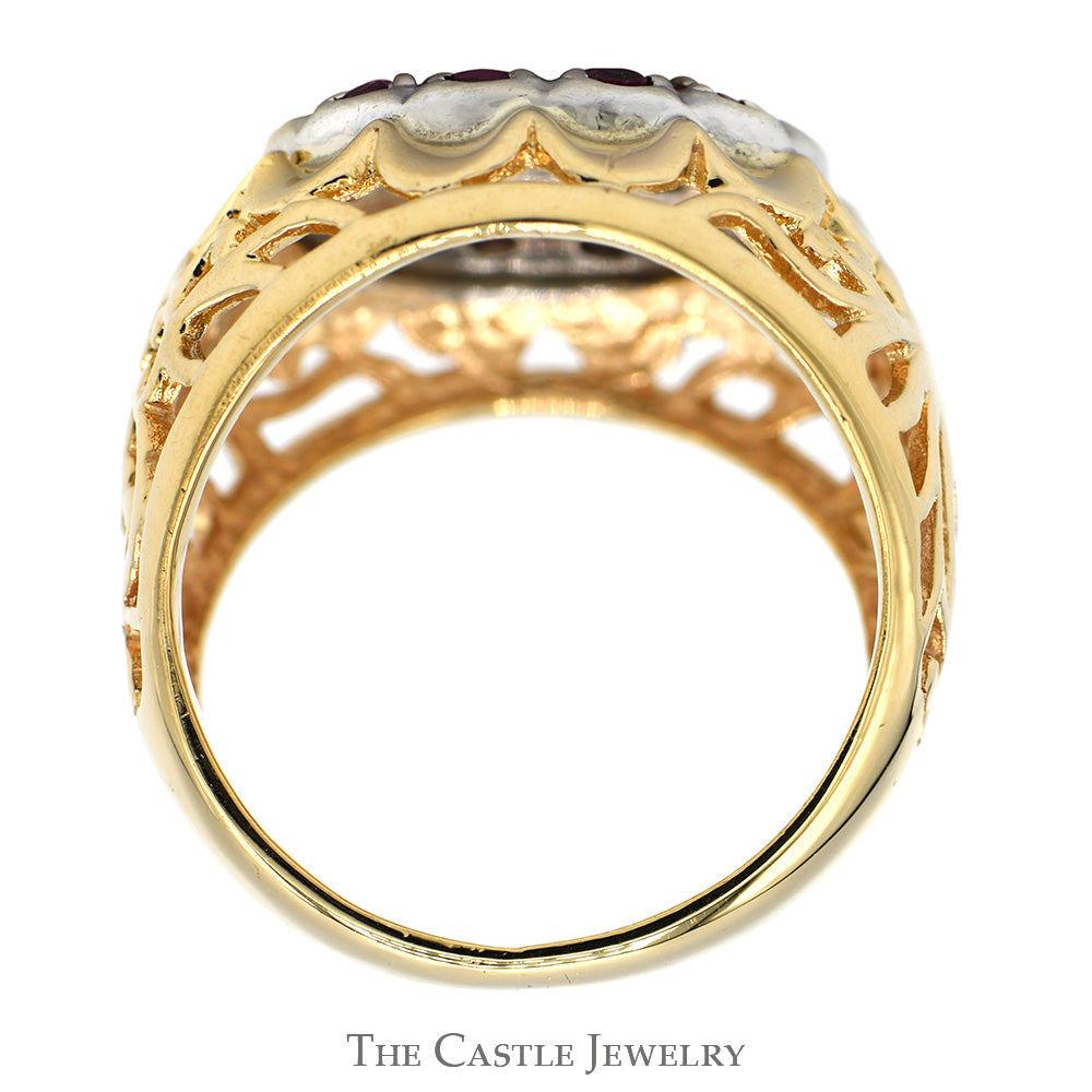 Diamond & Ruby Kentucky Cluster Ring with Open Filigree Sides in 14k Yellow Gold