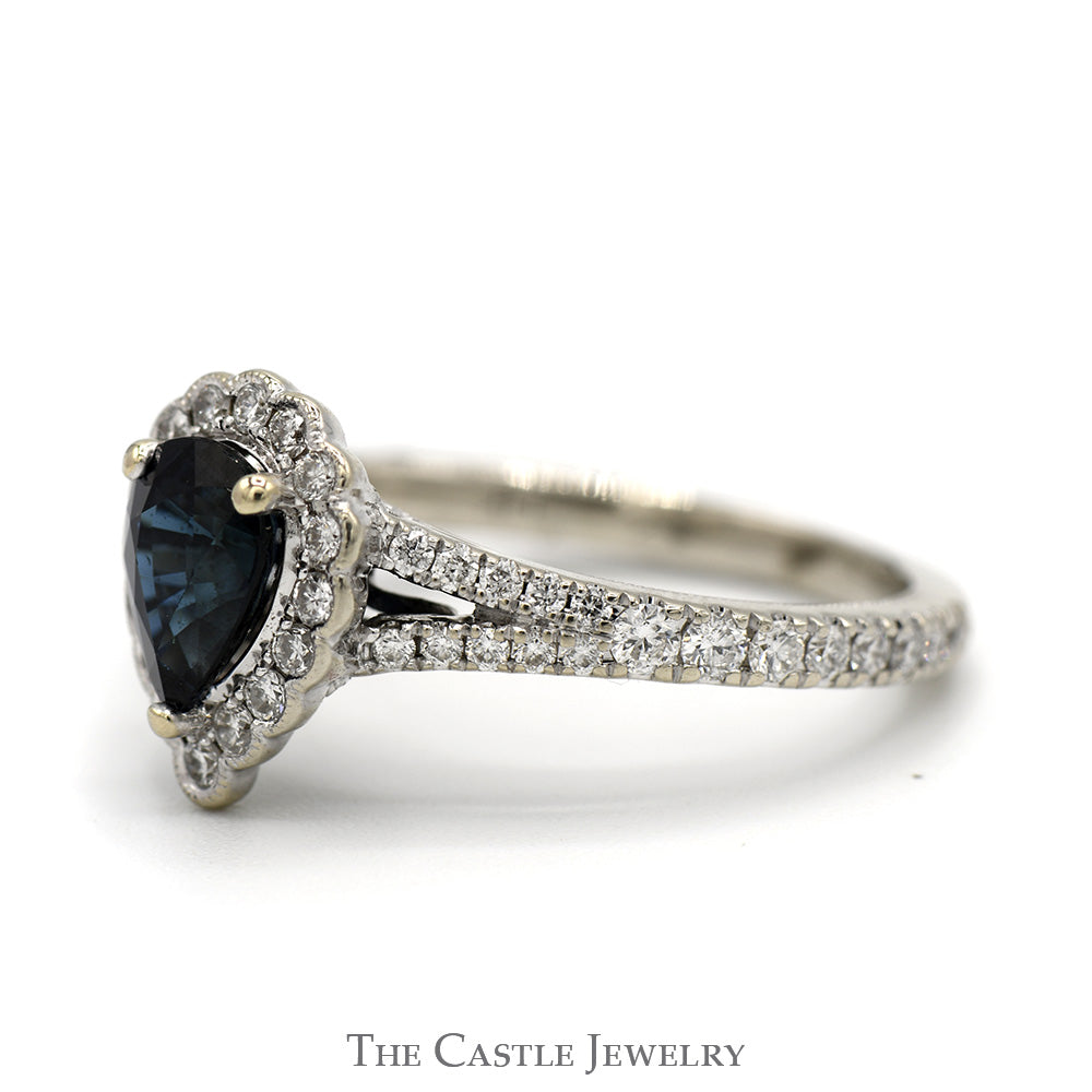 Neil Lane Designer Pear Cut Sapphire Ring with Diamond Halo and Accented Sides in 14k White Gold