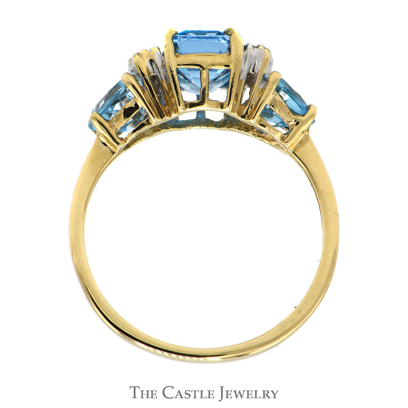Emerald Cut Blue Topaz Ring with Trillion Cut Sides and Diamond Accents in 10k Yellow Gold