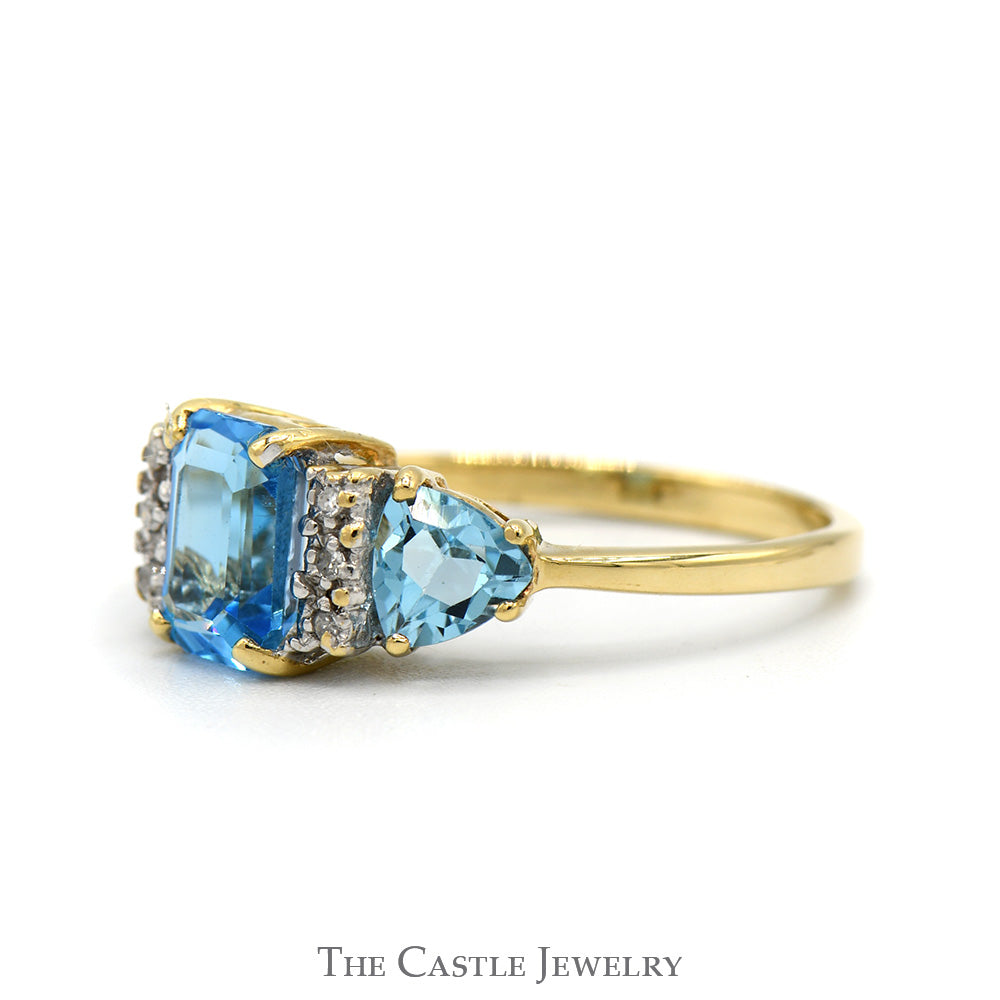 Emerald Cut Blue Topaz Ring with Trillion Cut Sides and Diamond Accents in 10k Yellow Gold