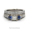 1.15cttw Princess Cut Diamond Neil Lane Designer Bridal Set with Sapphire Accents and Matching Band in 14k White Gold - Thumbnail 1