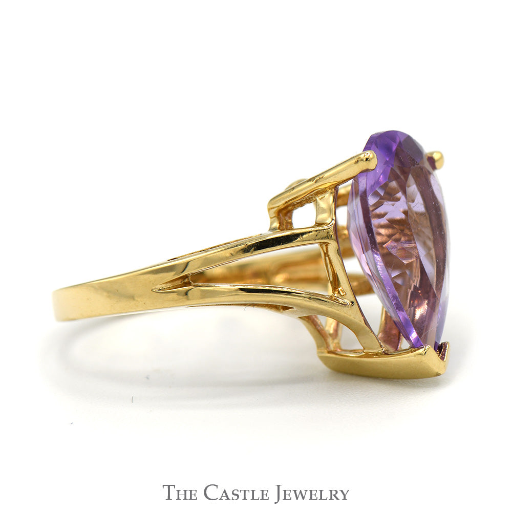 Pear Cut Amethyst Ring with Split Shank Sides in 10k Yellow Gold