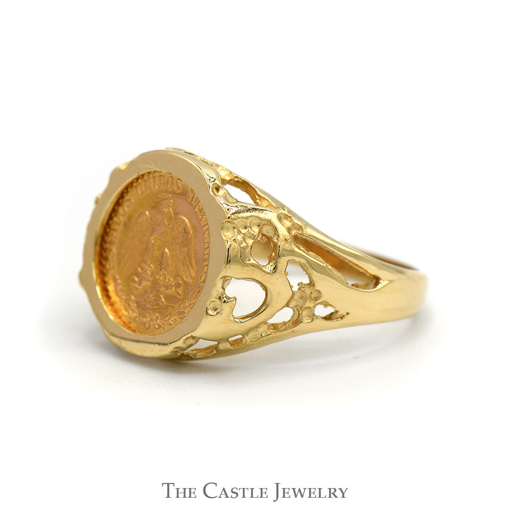 Dos Pesos Mexican Coin Ring with Open Nugget Sides in 14k Yellow Gold