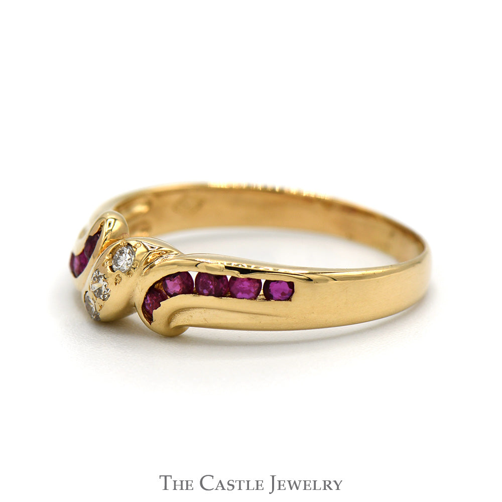 Triple Diamond Ring with Channel Set Ruby Sides in 14k Yellow Gold Bypass Band