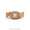 Cushion Cut Morganite Ring with Diamond Halo, Leaf & Flower Designed Sides in 14k Rose Gold - Thumbnail 1