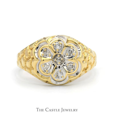 7 Round Diamond Cluster Ring with Textured Nugget Sides in 10k Yellow Gold