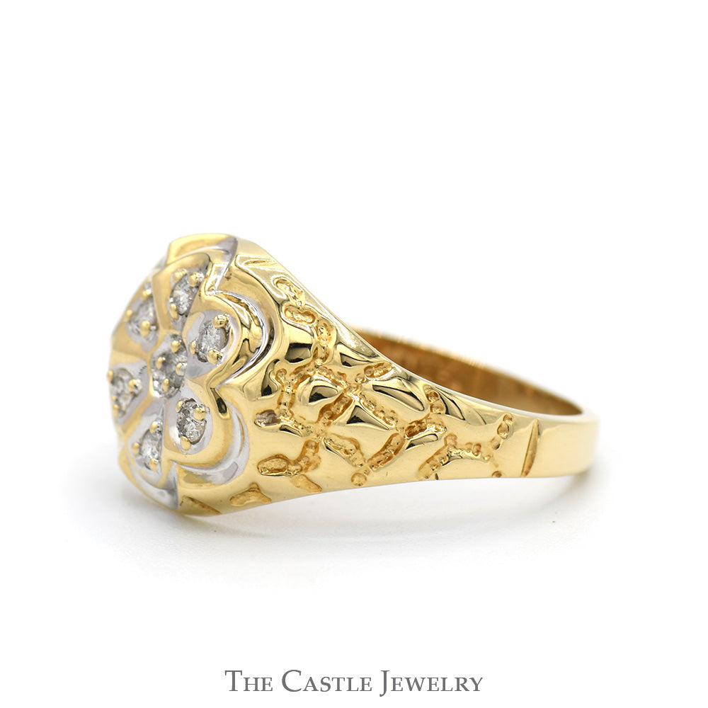 7 Round Diamond Cluster Ring with Textured Nugget Sides in 10k Yellow Gold