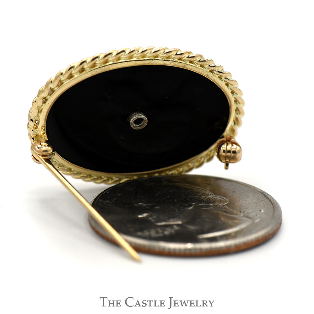 Diamond Accented Oval Black Onyx Brooch Pin with Rope Designed Bezel in 10k Yellow Gold