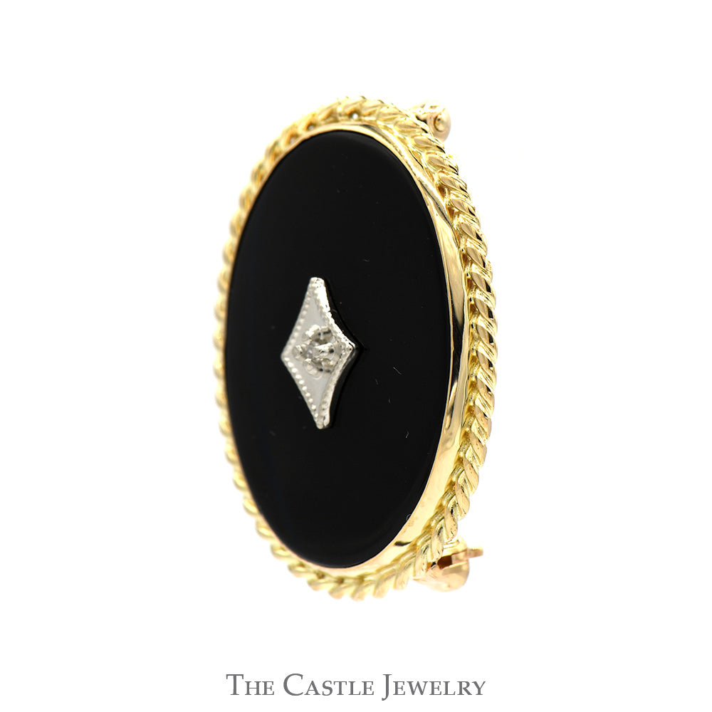 Diamond Accented Oval Black Onyx Brooch Pin with Rope Designed Bezel in 10k Yellow Gold