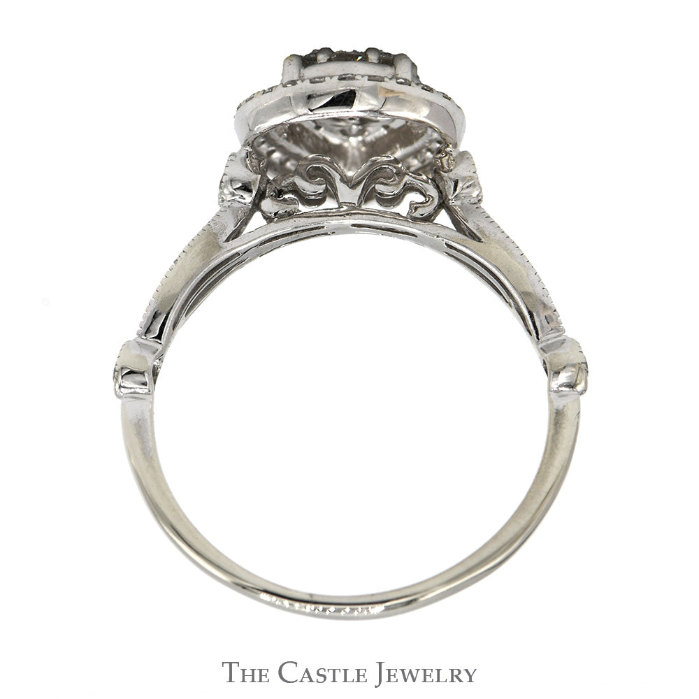 .85cttw Pear Shaped Diamond Cluster Engagement Ring with Diamond Halo and Diamond Accented Sides in 14k White Gold