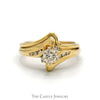 Round Diamond Solitaire Bridal Set with Diamond Accented Sides and Matching Curved Band in 14k Yellow Gold - Thumbnail 1