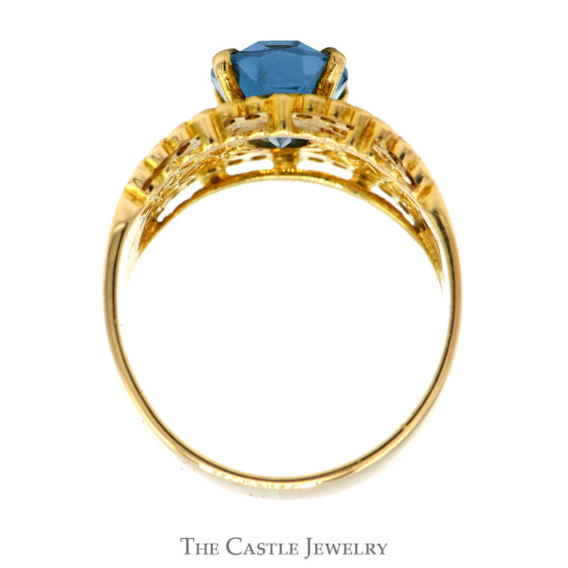 Oval Blue Topaz Open Lattice Ring with Diamond Accented Edges in 14k Yellow Gold
