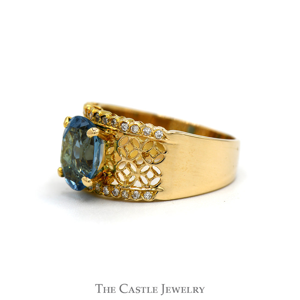 Oval Blue Topaz Open Lattice Ring with Diamond Accented Edges in 14k Yellow Gold