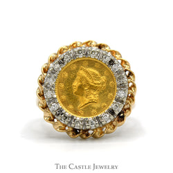 1851 Liberty Coin Ring with Diamond Rope Designed Bezel in 14k Yellow Gold Mounting