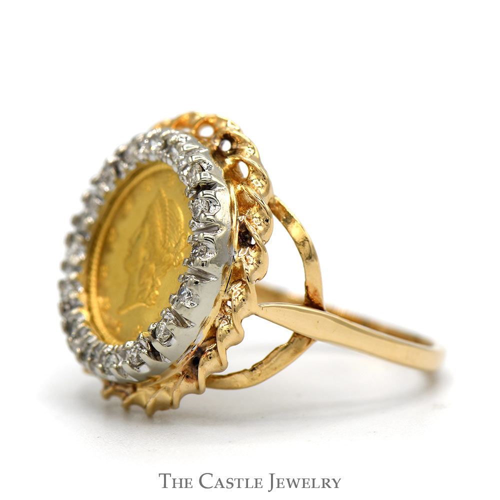 1851 Liberty Coin Ring with Diamond Rope Designed Bezel in 14k Yellow Gold Mounting