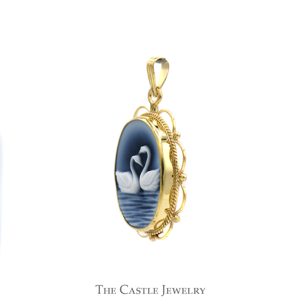 Oval Blue Agate Swan Pendant in 14k Yellow Gold Filigree Bezel