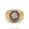 Ruby & Diamond Kentucky Cluster Ring with Open Filigree Sides in 14k Yellow Gold - Thumbnail 1