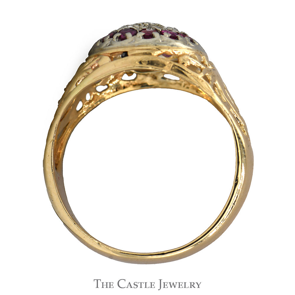 Ruby & Diamond Kentucky Cluster Ring with Open Filigree Sides in 14k Yellow Gold