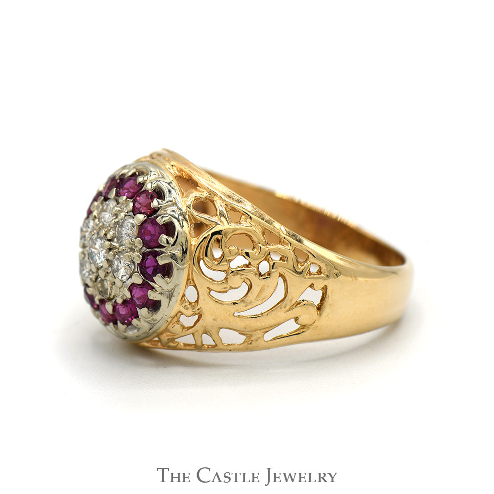 Ruby & Diamond Kentucky Cluster Ring with Open Filigree Sides in 14k Yellow Gold