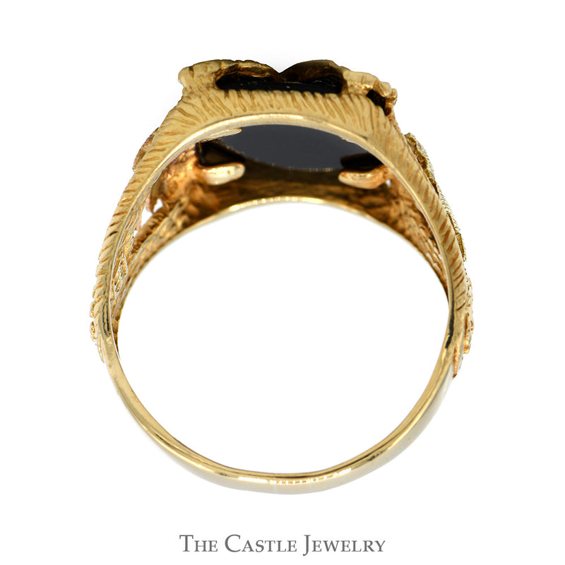 Black Onyx Eagle Ring with Leaf Designed Sides in Two Tone 10k Yellow & Rose Gold