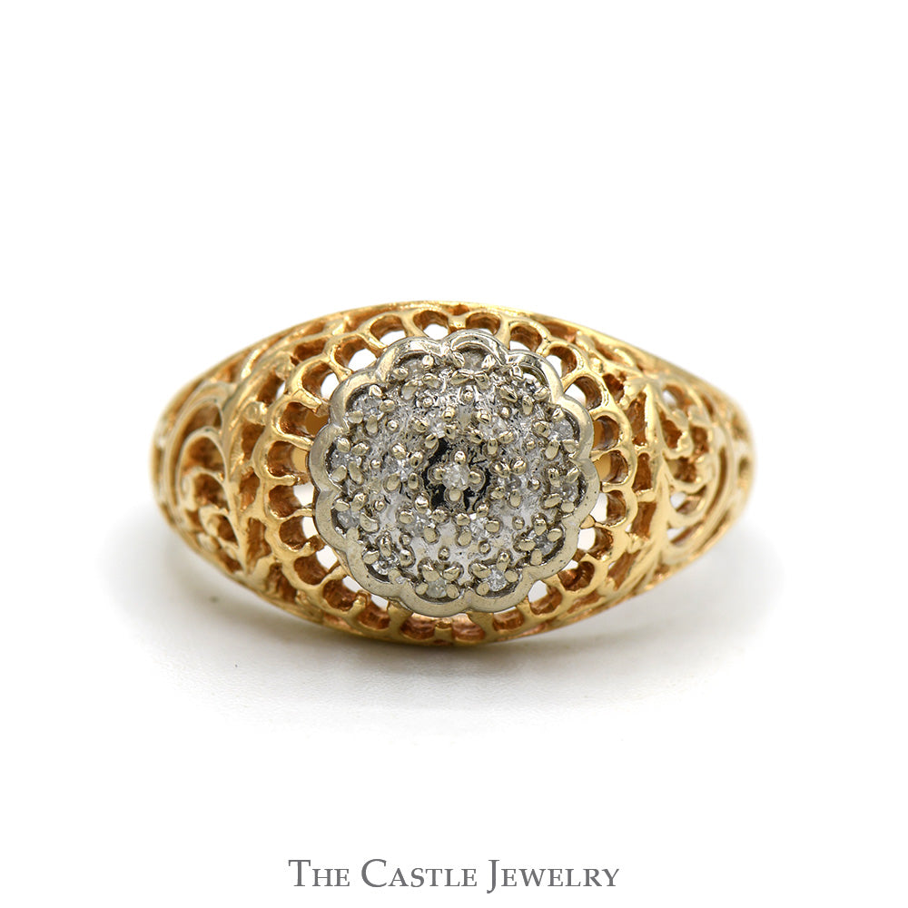 Illusion Set .10cttw Kentucky Diamond Cluster Ring with Open Filigree Sides in 10k Yellow Gold